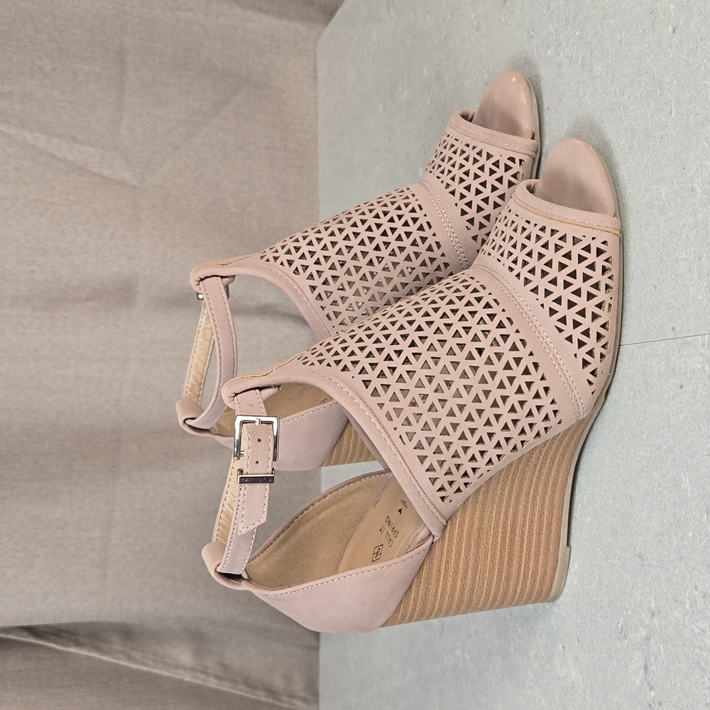 Call it Spring pink vegan leather peep toe wedges, size 6